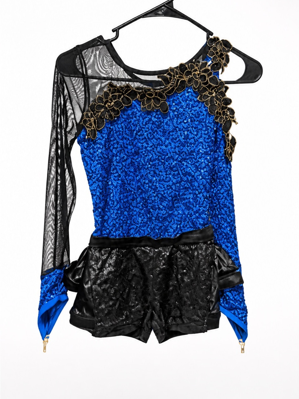 Blue One-Shoulder Lace & Mesh Women's Top with Gold Floral Appliquรฉ